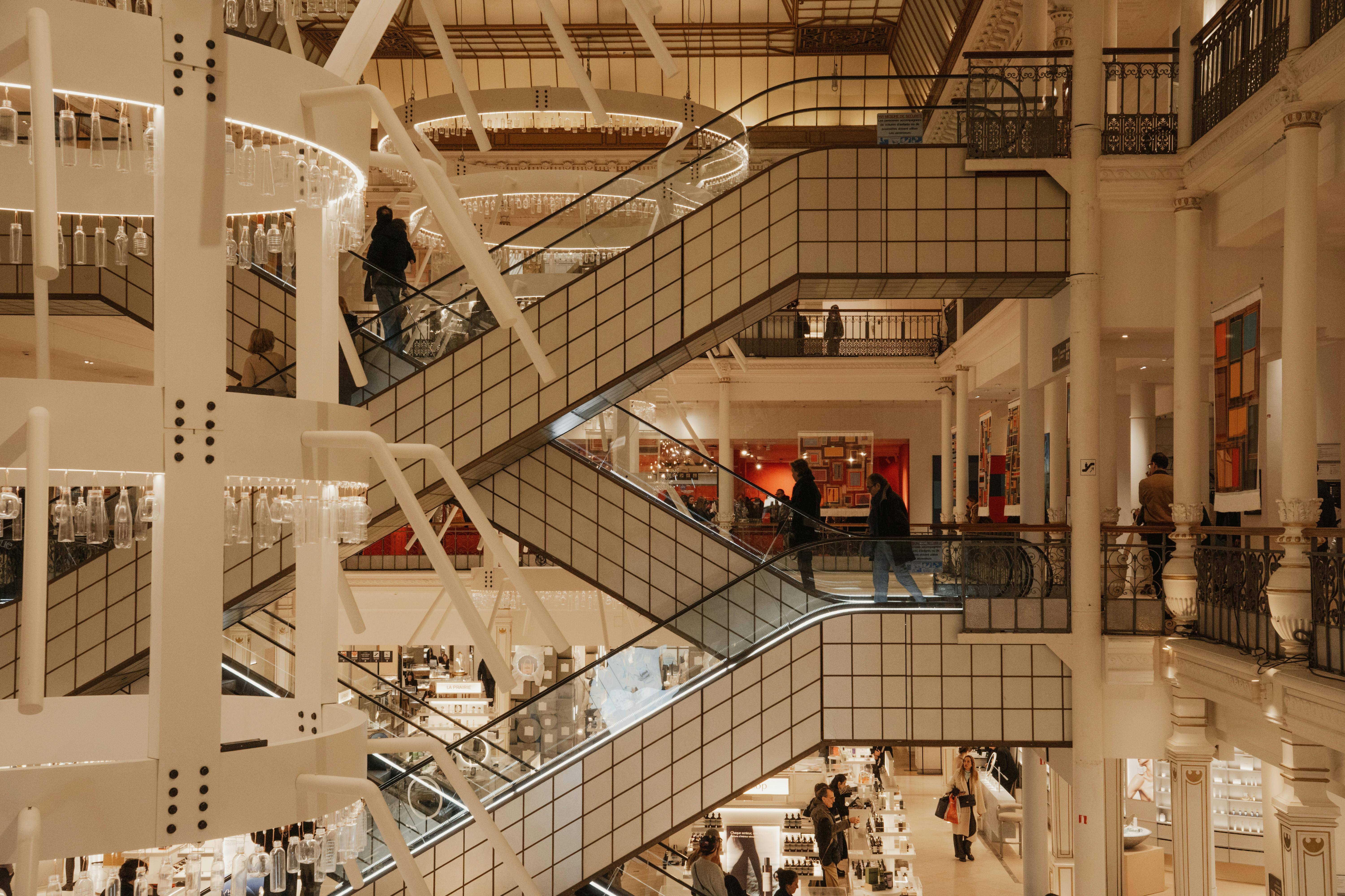 Escalators in a white mall
